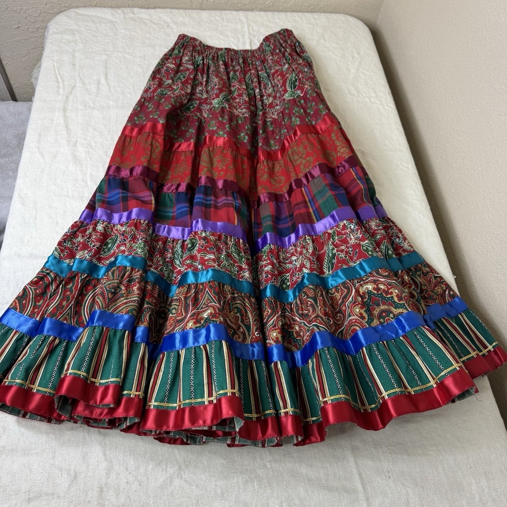 Women's Bohemian Tiered Patchwork Midi Skirt Size XS Gypsy Hippie Square Dance - Picture 5 of 5